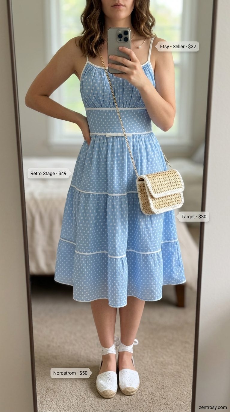 Cute Summer Polka Dots Outfits 2026: Picnic Sundress Cute summer polka dots outfit for women 2026: Sky blue polka dot sundress, espadrilles, and straw bag for a picnic.