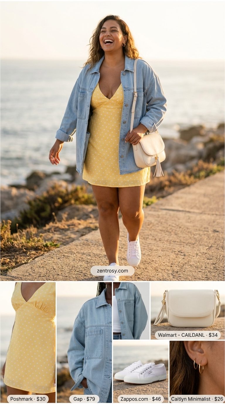 Cute Summer Polka Dots Outfits 2026: Sunny Yellow Dress Cute summer polka dots outfit for women 2026: Yellow polka dot mini dress, denim jacket, white sneakers, and crossbody bag for a sunny day.