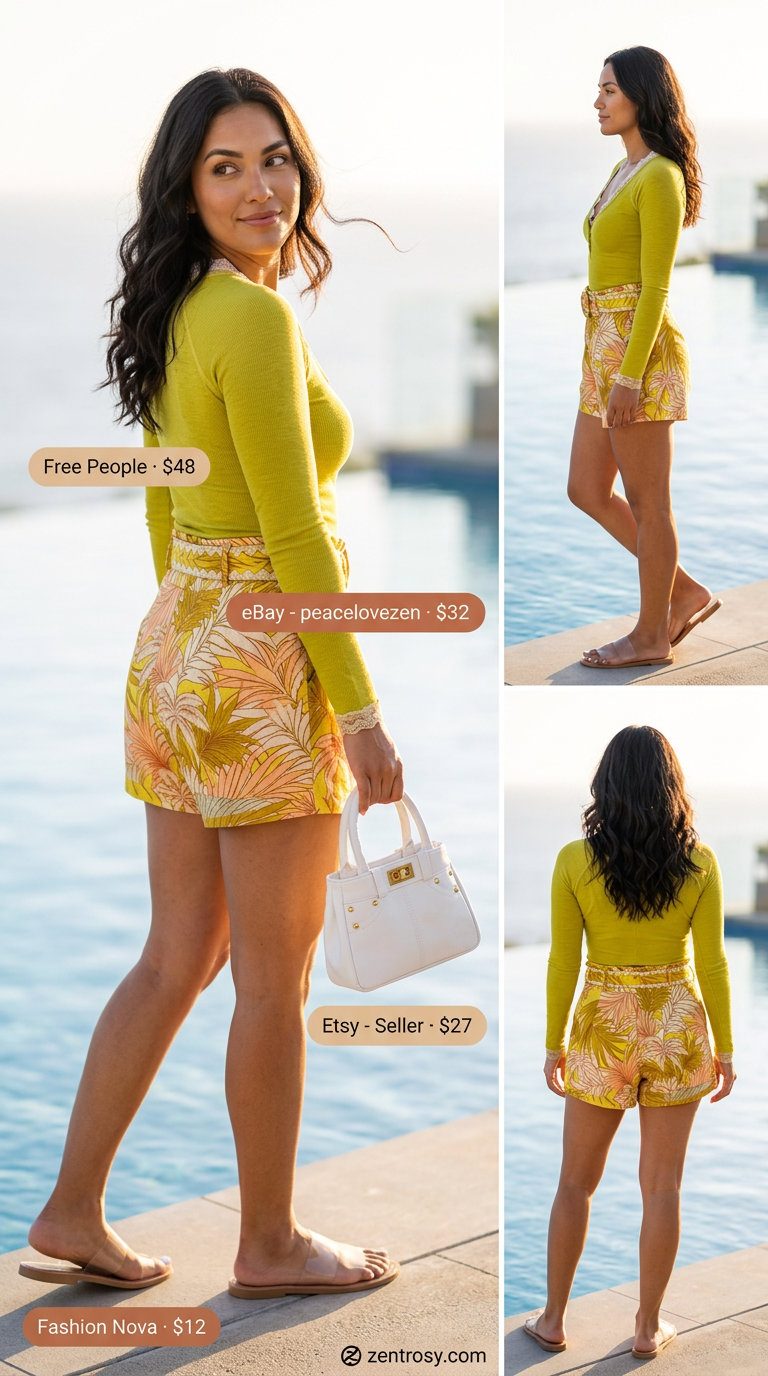 Cute summer pool party outfits for women 2026: Citrus print shorts and bandeau top set, white top-handle bag, clear sandals.