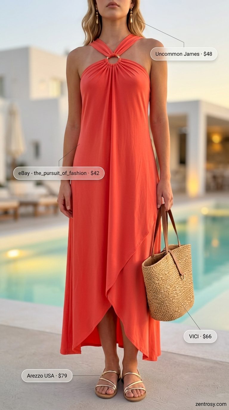 Cute summer pool party outfits for women 2026: Vibrant coral maxi dress with halter neck, gold earrings, and delicate gold sandals.