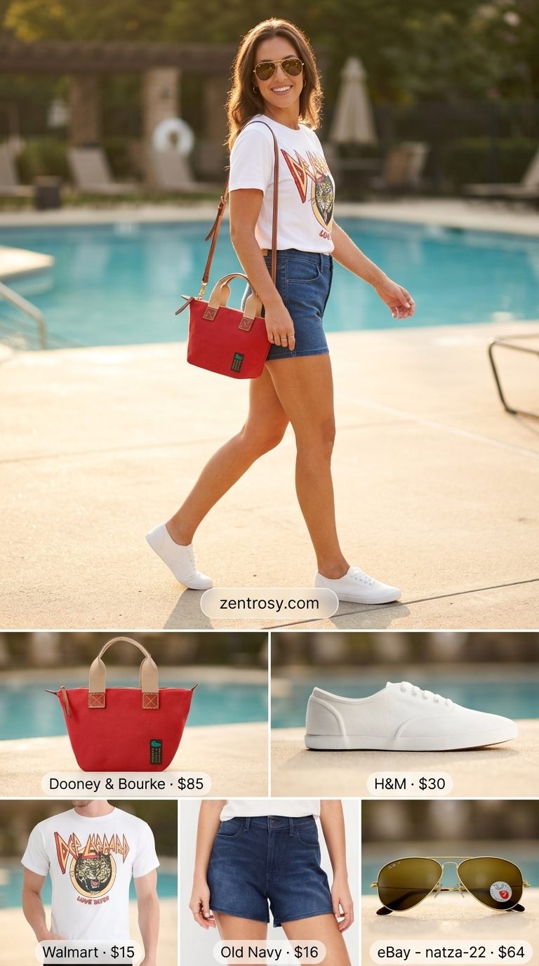 Cute summer pool party outfits for women 2026: Denim shorts, retro graphic tee, white sneakers, red crossbody bag, aviators.