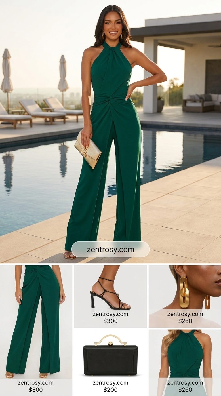 Cute summer pool party outfits for women 2026: Emerald green flowy jumpsuit with halter neck, gold earrings, and black strappy heels.