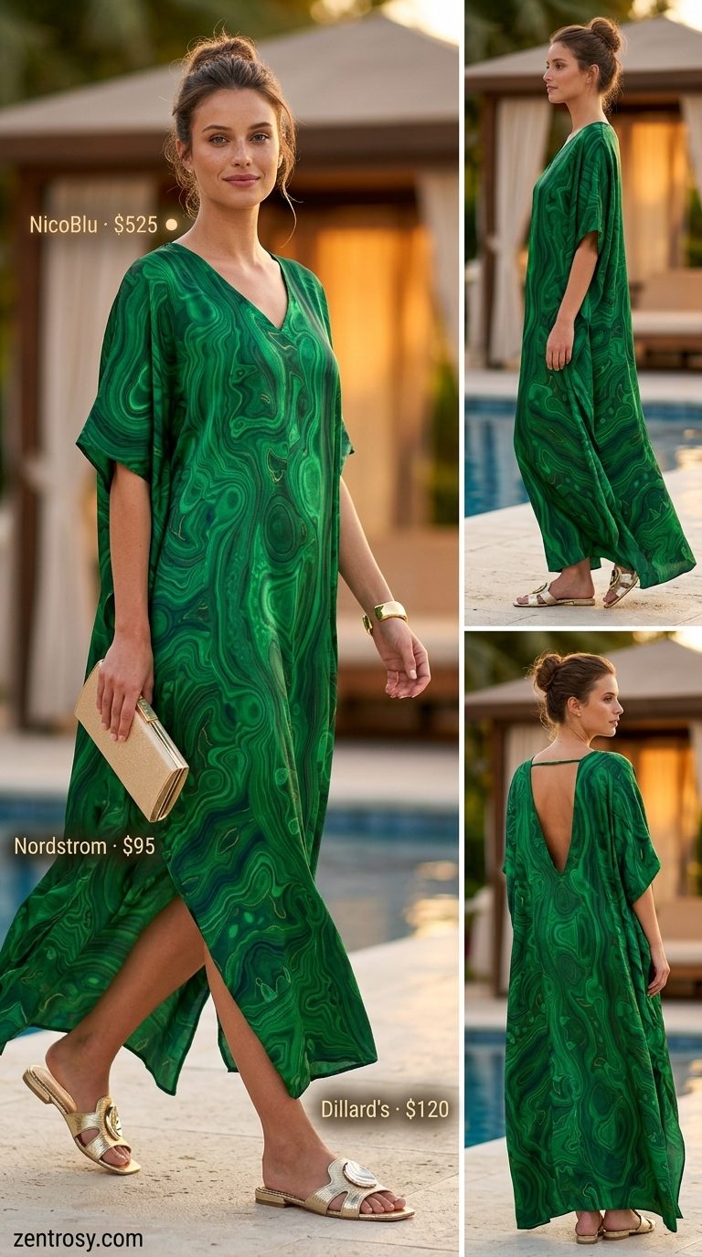 Cute summer pool party outfits for women 2026: Emerald green silk kaftan cover-up with gold cuff bracelet and embellished sandals.
