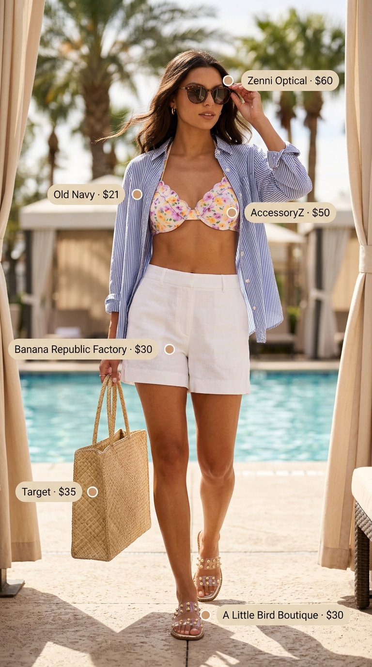 Cute summer pool party outfits for women 2026: Floral bikini top with linen shorts, straw tote, and embellished slides.