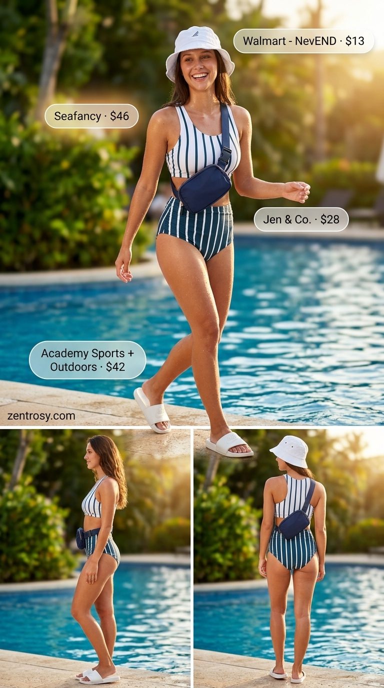 Cute summer pool party outfits for women 2026: Navy sporty bikini, white bucket hat, sporty slides, nylon belt bag.