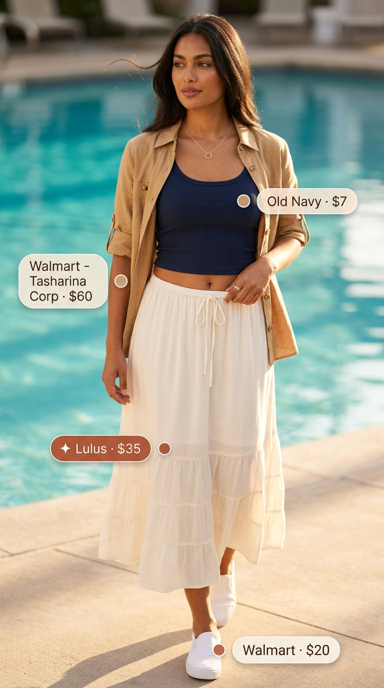 Cute summer pool party outfits for women 2026: White tiered maxi skirt with navy tank top, canvas sneakers, and straw tote.