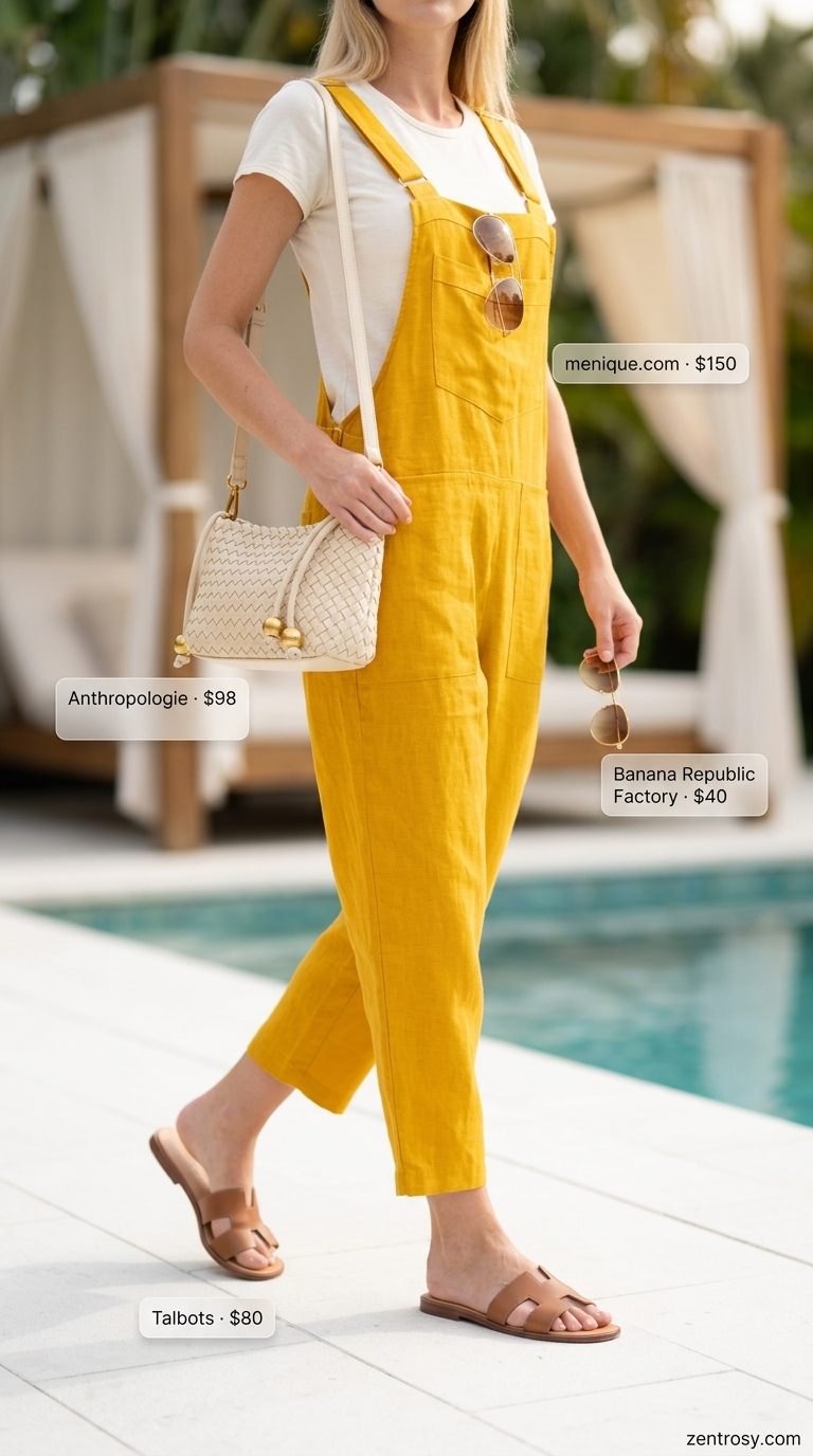 Cute summer pool party outfits for women 2026: Sunshine yellow linen jumpsuit, tan slides, straw bag, aviator sunglasses.