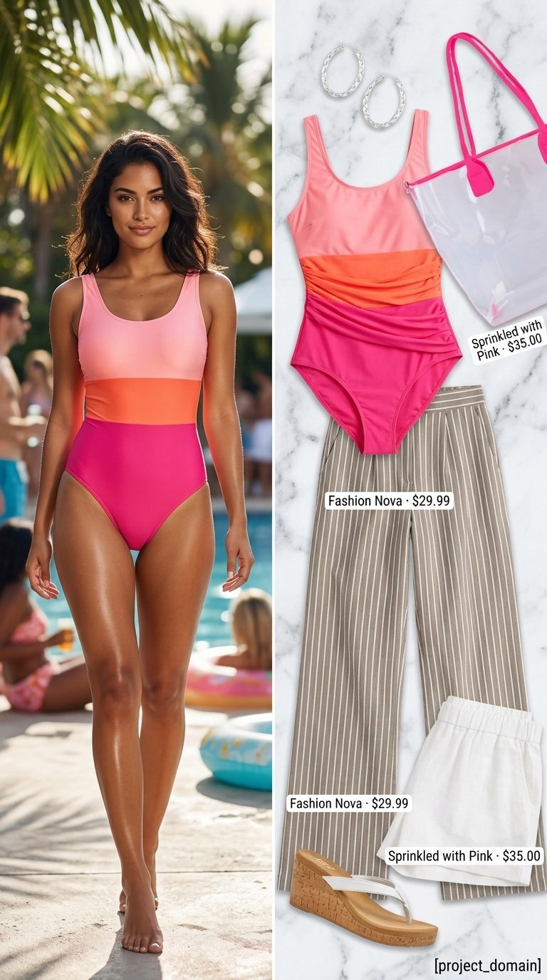 Cute summer pool party outfits for women 2026: Teal and hot pink color block swimsuit with white shorts.