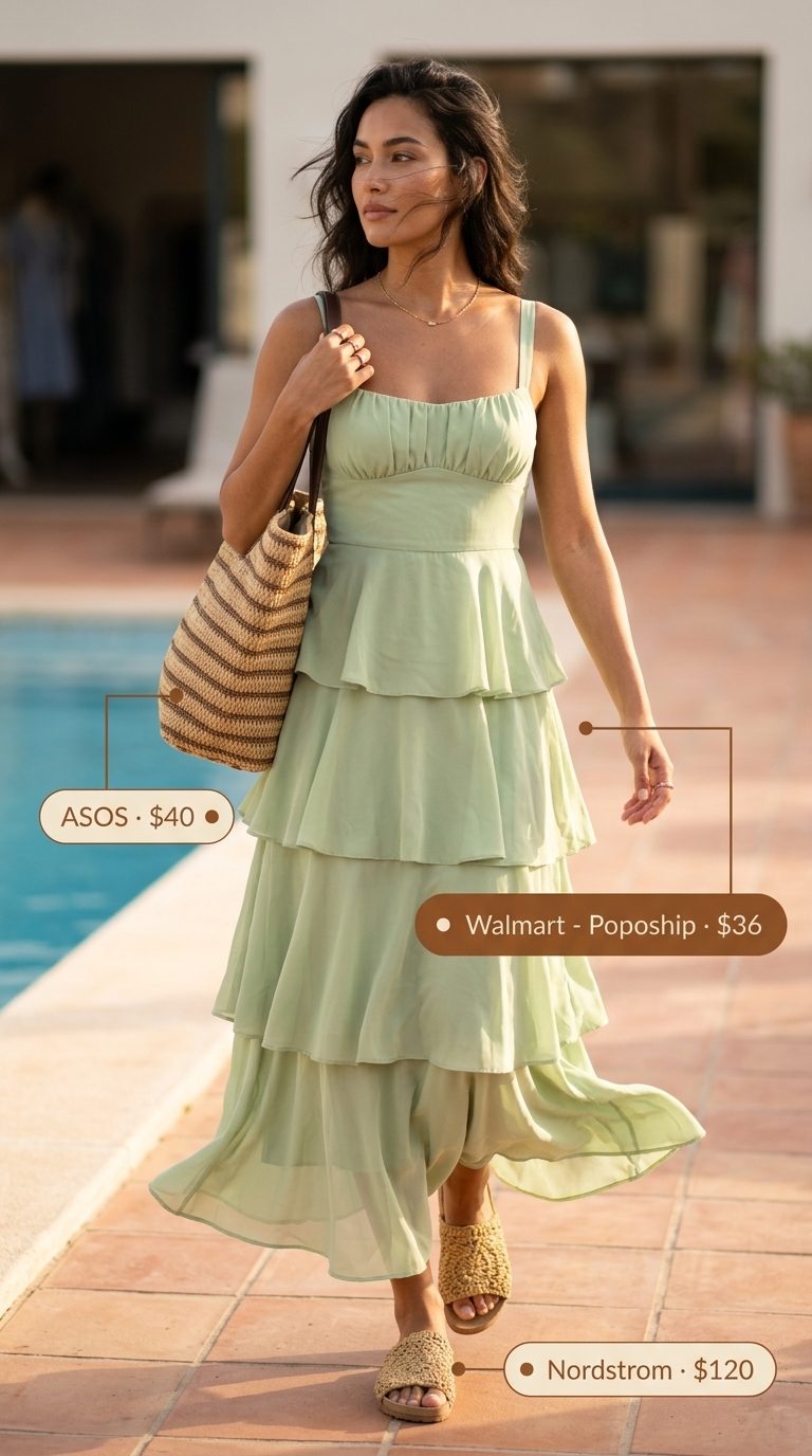 Cute summer pool party outfits for women 2026: Multicolor floral maxi dress, straw hat, and sandals for a boho vibe.