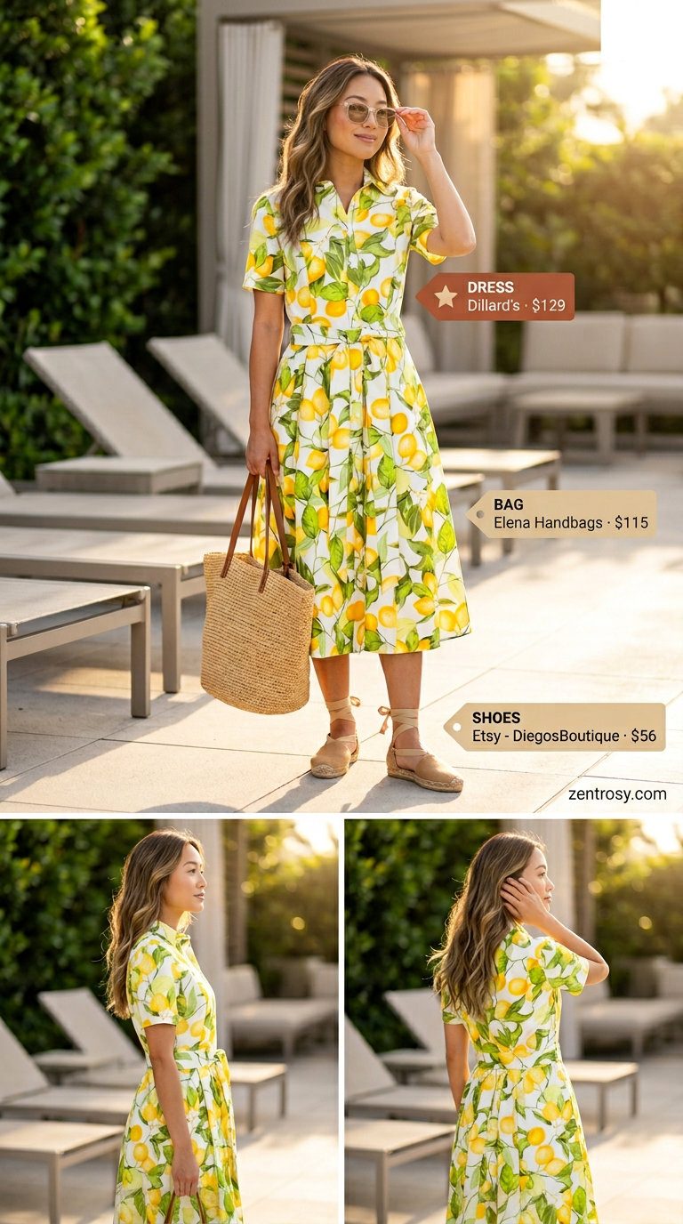 Cute summer pool party outfits for women 2026: Lemon yellow shirt dress, straw tote, and espadrille wedges.
