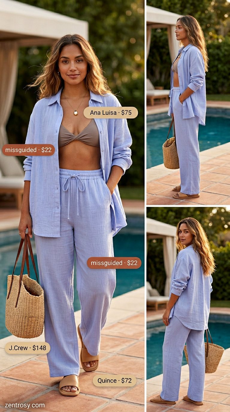 Cute summer pool party outfits for women 2026: Light blue linen matching set with straw tote.