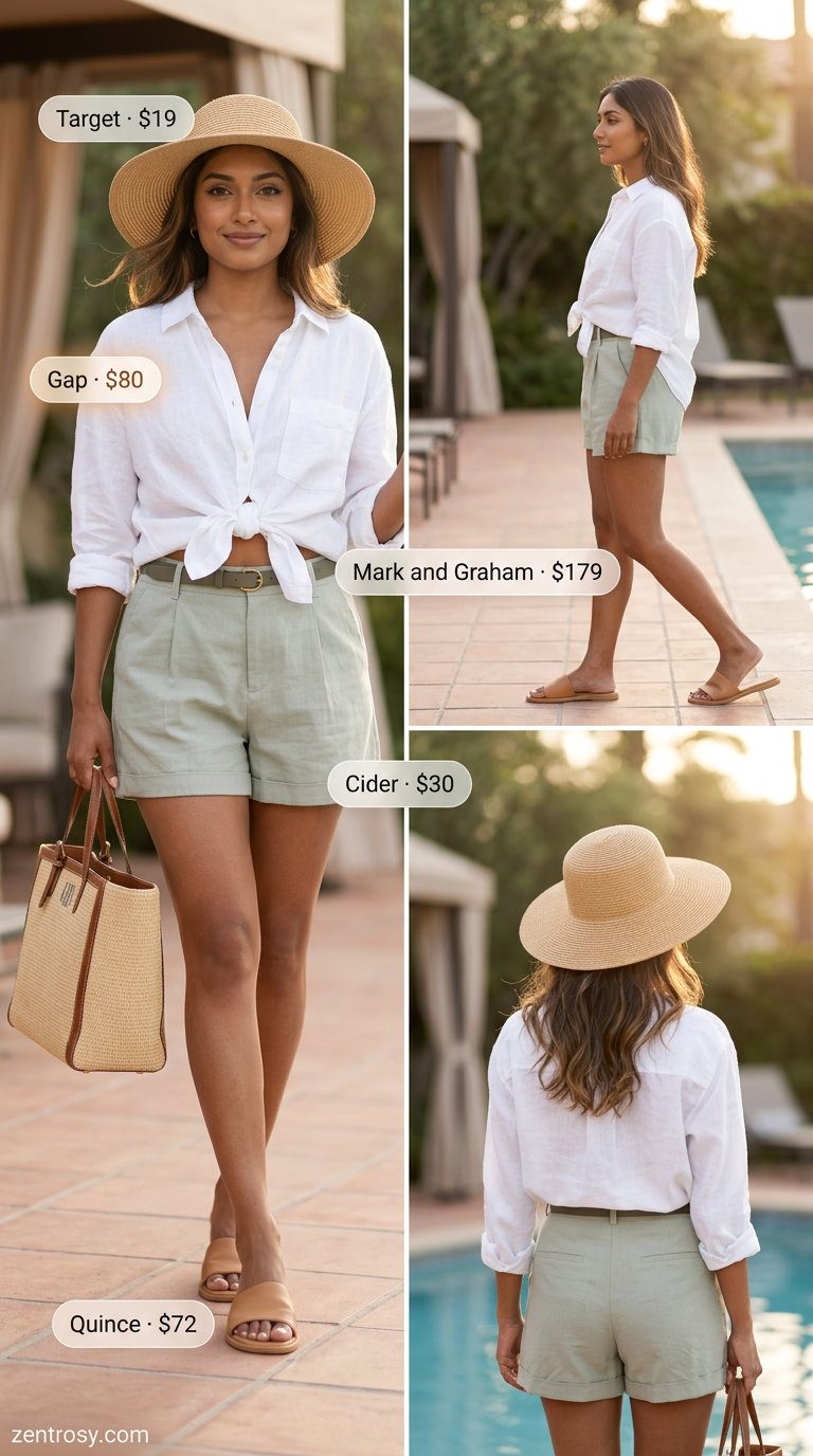 Cute summer pool party outfits for women 2026: Mint green linen shorts, white linen shirt, and straw hat.