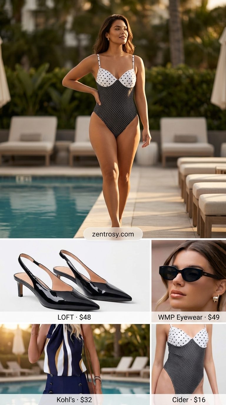 Cute summer pool party outfits for women 2026: Retro black and white polka dot swimsuit with kitten heels.