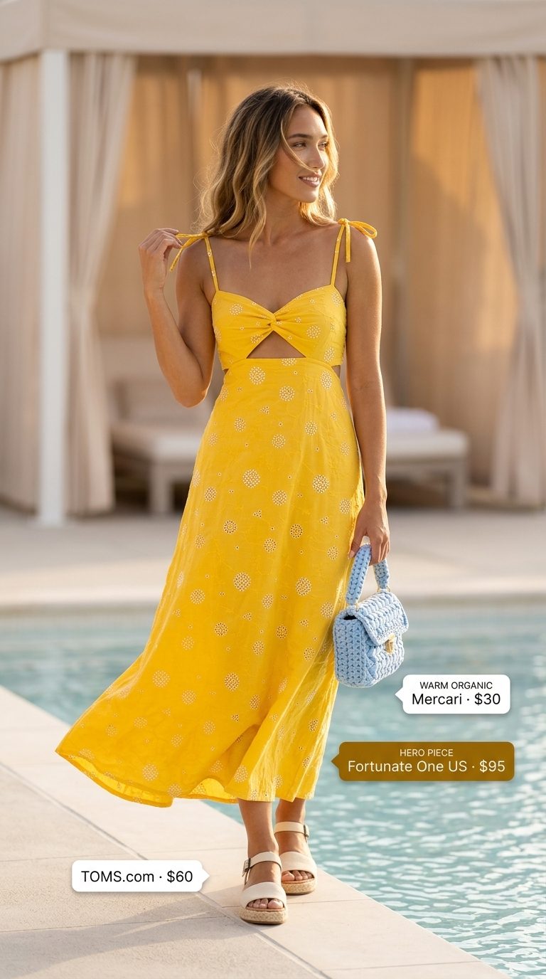 Cute summer pool party outfits for women 2026: Sunflower yellow maxi dress, straw hat, and espadrilles.