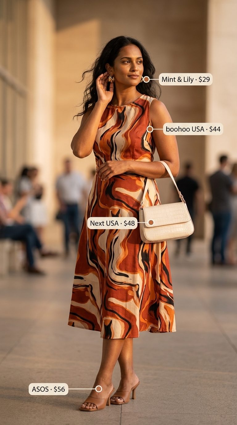 Cute summer sleeveless dress 2026: Rust abstract print midi wrap dress with black mules, gold hoops, and structured bag for an art walk.