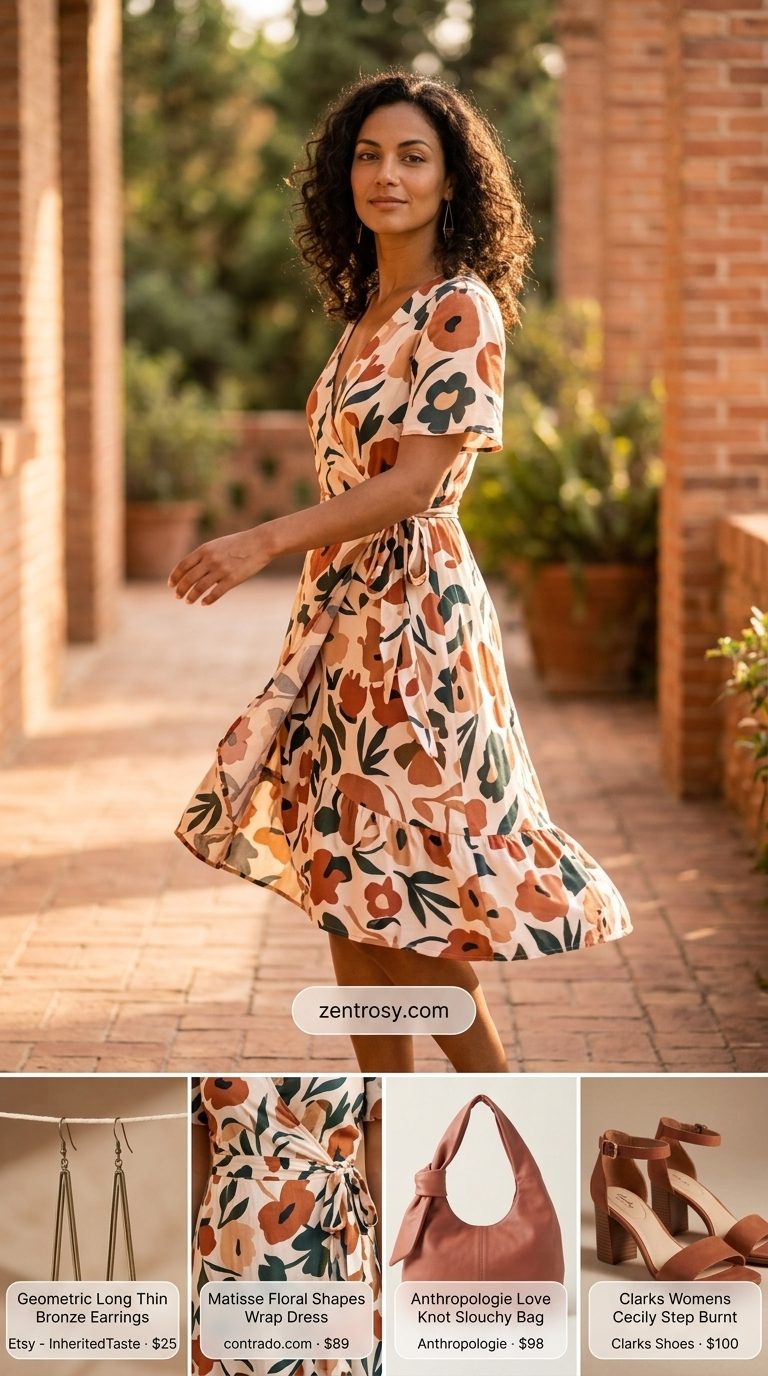 Cute summer sleeveless dress 2026: Terracotta print wrap dress, bronze earrings, leather slides for gallery hop.