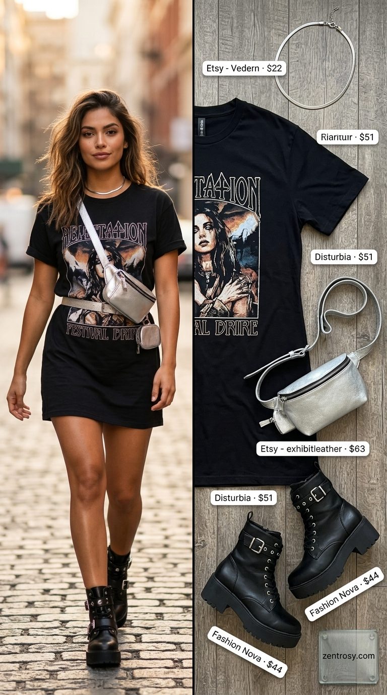 Cute summer sleeveless dresses 2026: Washed black graphic mini dress, combat boots, and silver belt bag for festival.