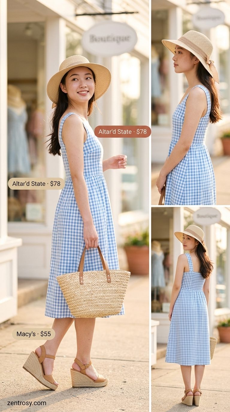 Cute summer sleeveless dress 2026: Sky blue tiered maxi dress, straw hat, espadrilles for beach day.