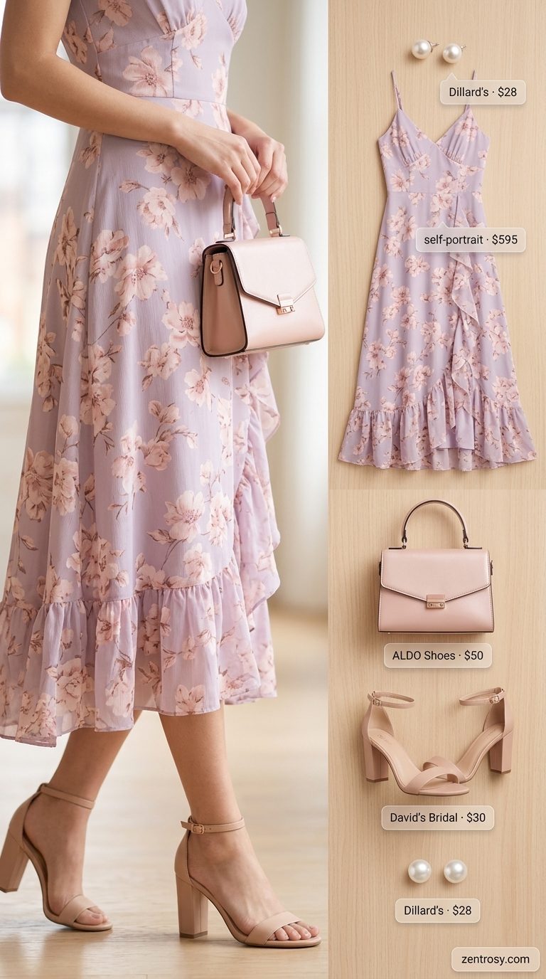 Cute summer sleeveless dress 2026: Lavender floral wrap midi dress with blush pink bag and nude heels for a romantic brunch date.