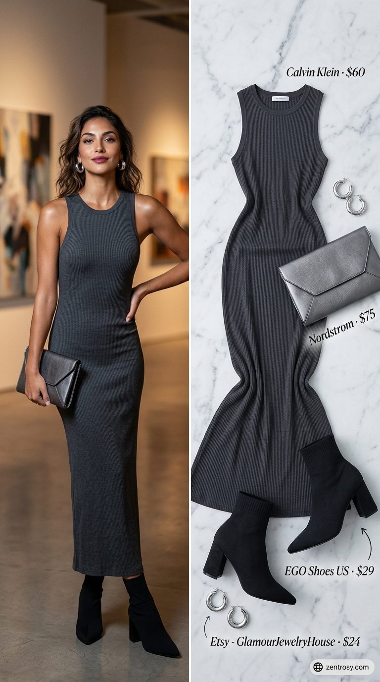 Cute summer sleeveless dresses 2026: Charcoal gray maxi dress, black boots, and clutch for gallery opening.