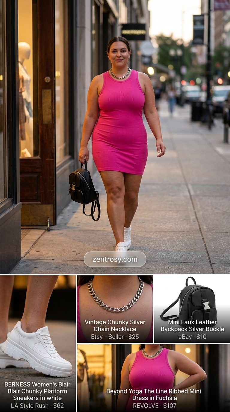 Cute summer sleeveless dresses 2026: Hot pink bodycon dress, chunky sneakers, and silver chain for night out.
