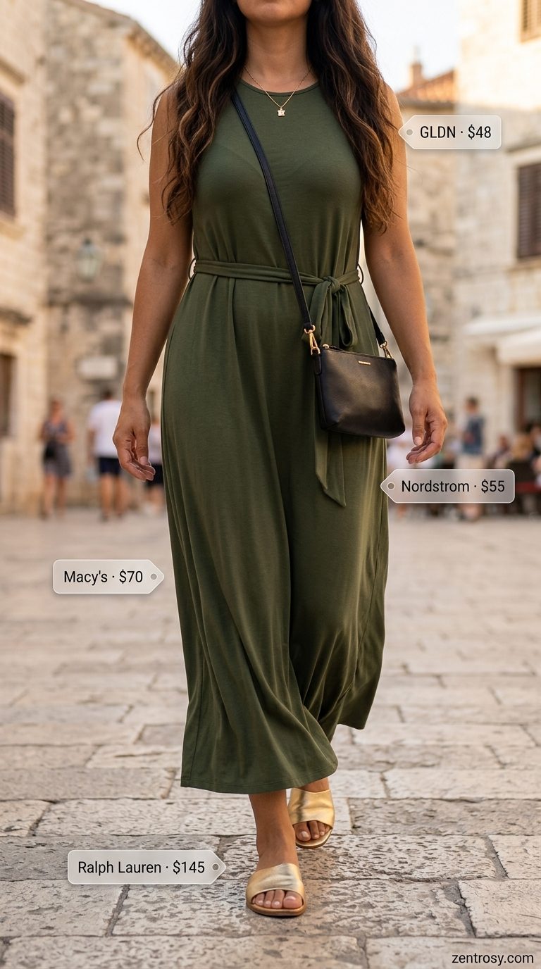Cute summer sleeveless dress 2026: Olive green ribbed knit maxi dress, black slides, gold crossbody for casual day.