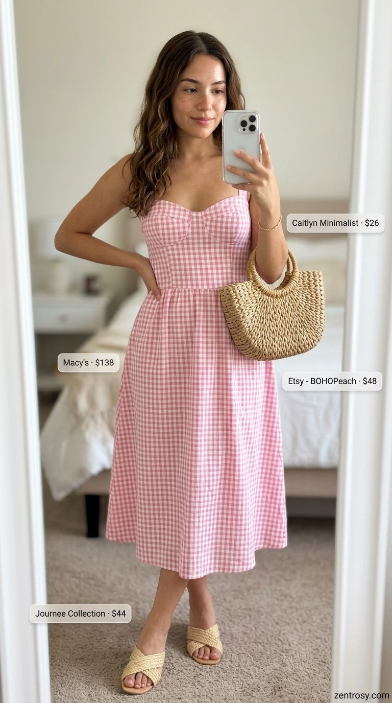 Cute summer sleeveless dress 2026: Pink gingham midi dress with smocked bodice, straw basket bag, and cream espadrilles for a garden party.