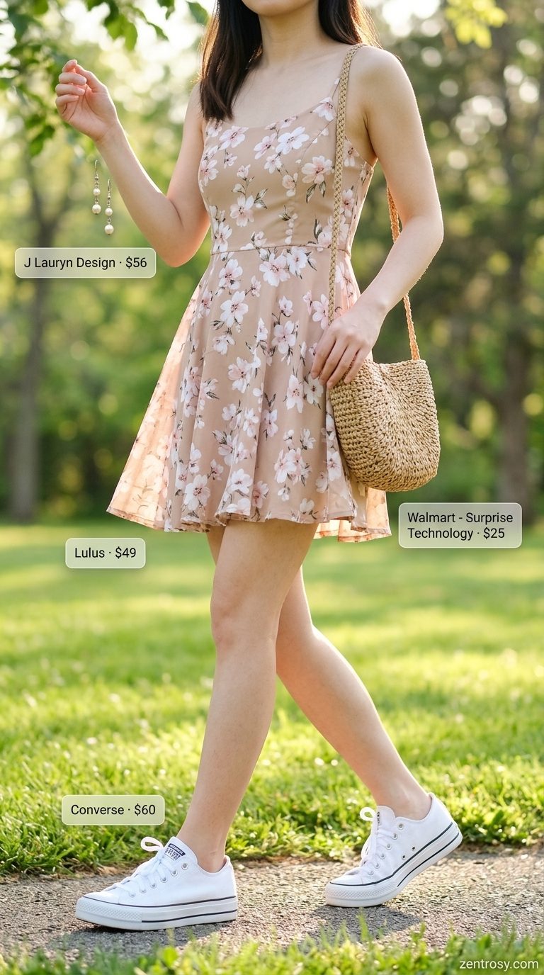 Cute summer sleeveless dress 2026: White floral mini sundress, canvas sneakers, straw crossbody for picnic.