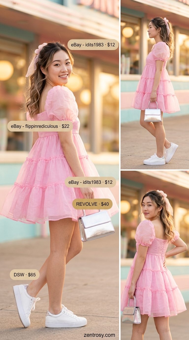 Cute summer sleeveless dress 2026: Bubblegum pink babydoll mini dress with white platform sneakers and silver crossbody for a retro vibe.