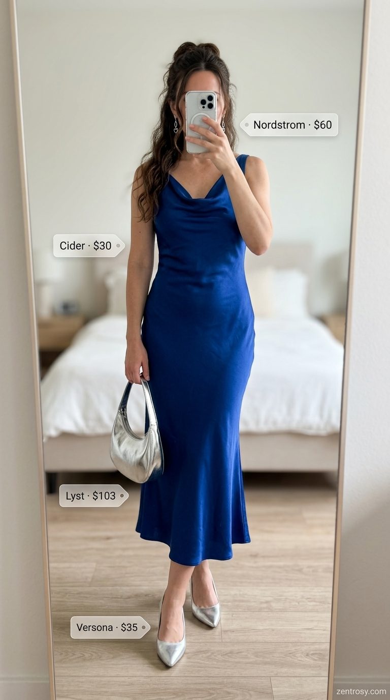 Cute summer sleeveless dress 2026: Cobalt blue satin slip dress, white kitten heels for date night.
