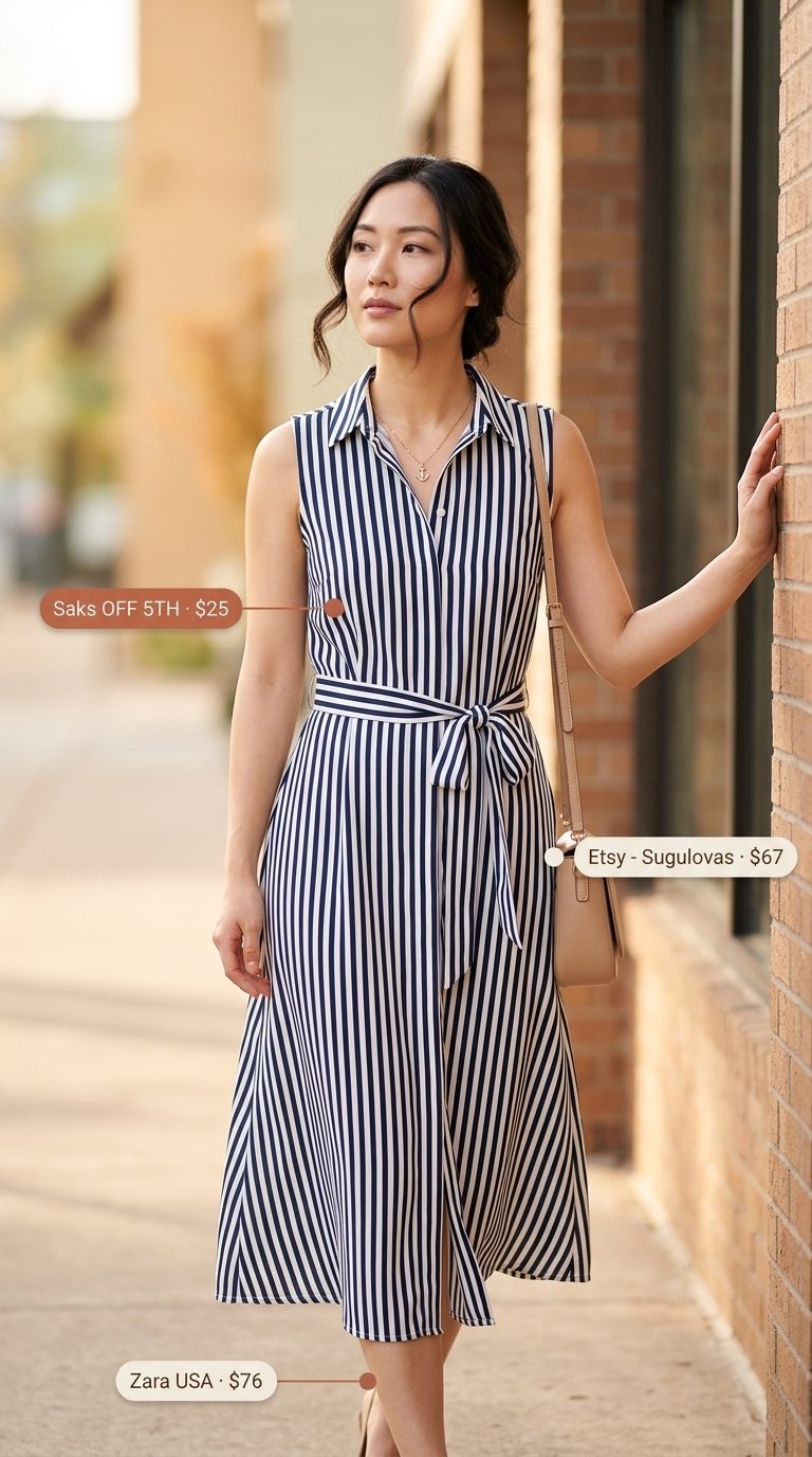 Cute summer sleeveless dress 2026: Navy & white striped shirtdress, red flats, gold necklace for seaside lunch.
