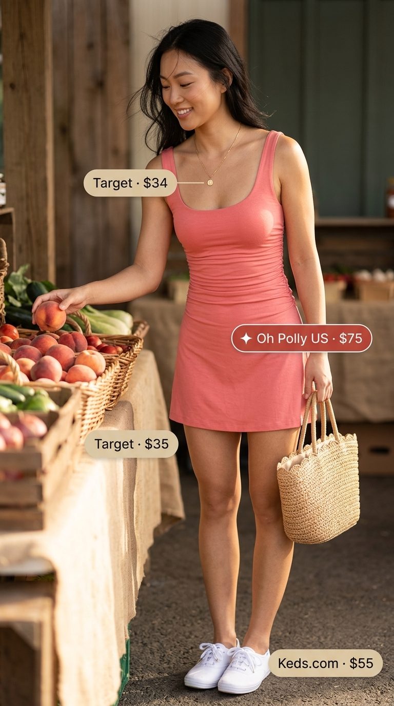 Cute summer sleeveless dress 2026: Coral A-line mini dress with white sneakers, straw tote, and gold necklace for a playful picnic.