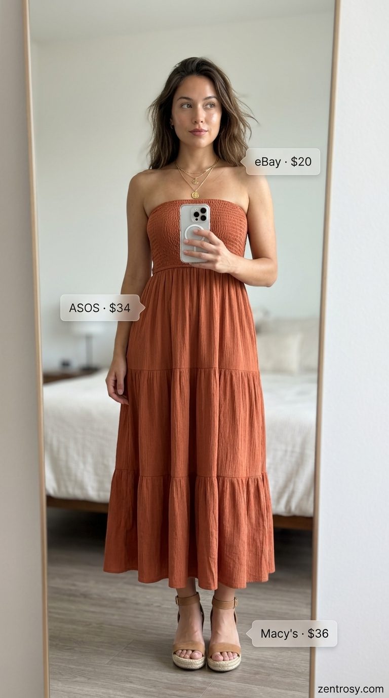 Cute summer sleeveless dresses 2026: Terracotta tiered maxi dress, straw hat, and espadrilles for bohemian sunset.