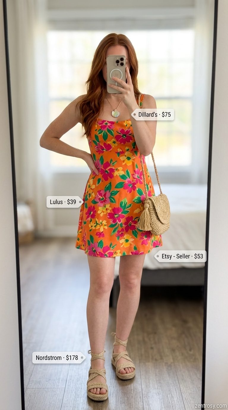 Cute summer sleeveless dress 2026: Tropical floral mini sundress with espadrilles, straw crossbody, and gold necklace for vacation.