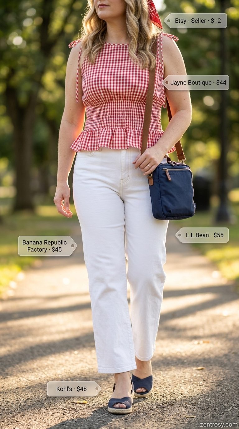 Sweet backyard BBQ outfit with a red gingham ruffled sleeveless top, white jeans, and espadrille sandals. Cute summer sleeveless tops 2026.