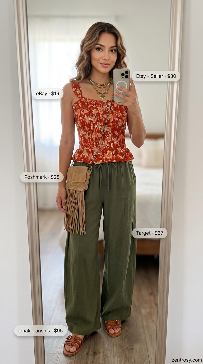 Cute summer sleeveless tops 2026: Terracotta floral peplum top with olive green palazzo pants for festival.