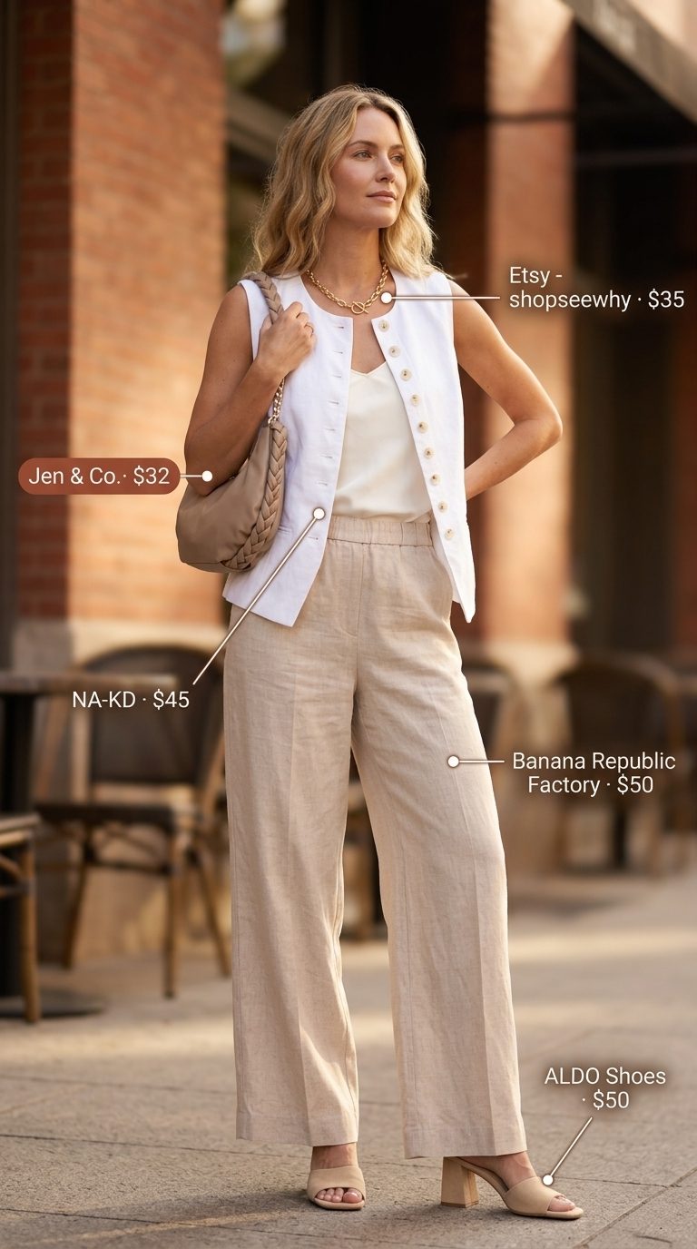 Chic city brunch outfit featuring a cream linen vest and trousers, gold necklace, and tan mules. Cute summer sleeveless tops 2026.