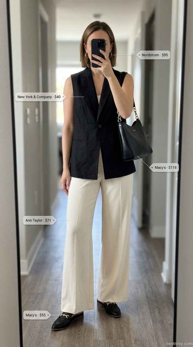 Cute summer sleeveless tops 2026: Black vest top with white wide-leg trousers for city break chic.
