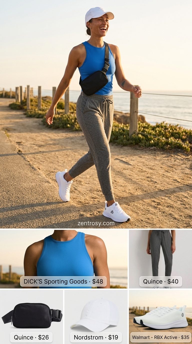 Cute summer sleeveless tops 2026: Cobalt blue racerback tank with grey joggers for an active day.