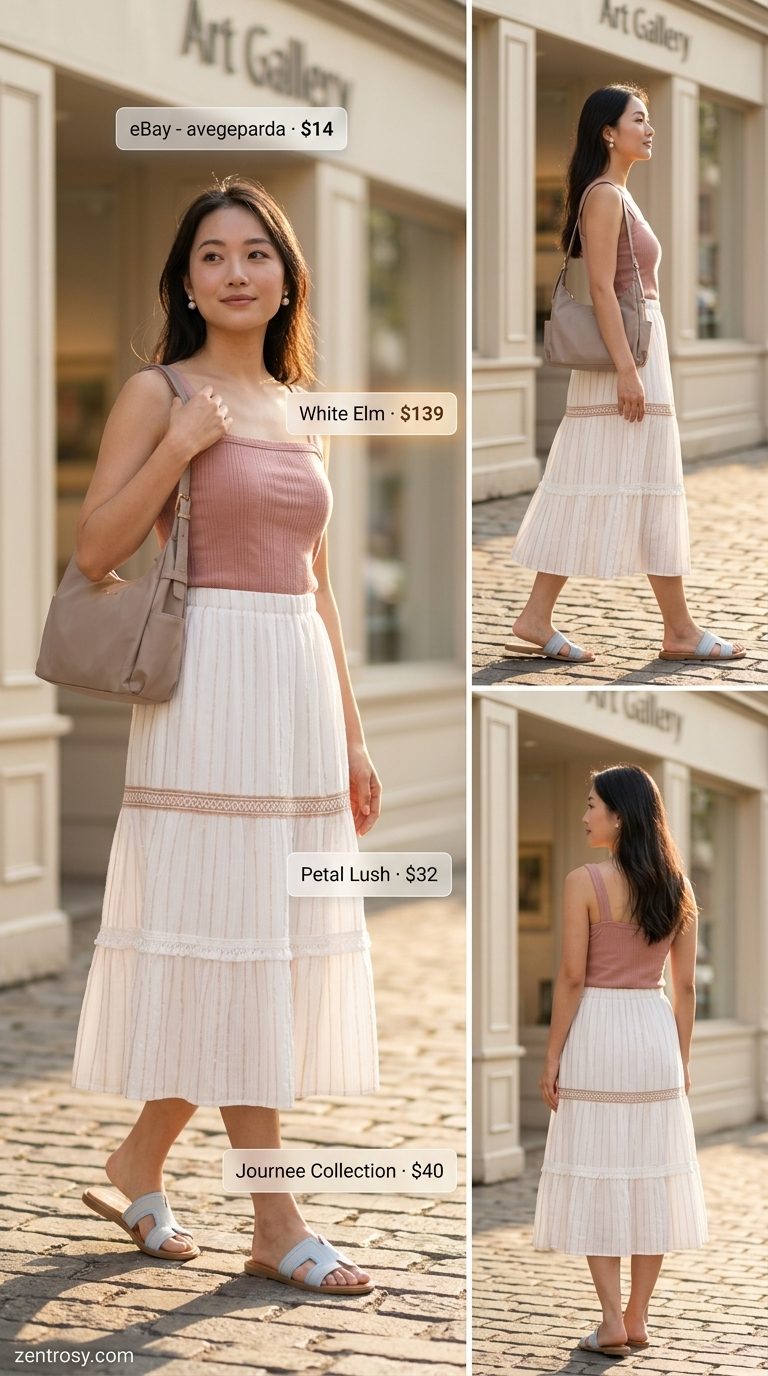 Cute summer sleeveless tops 2026: Dusty rose ribbed tank with flowy cream midi skirt, light blue sandals, and taupe bag.