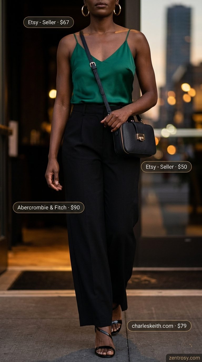 Cute summer sleeveless tops 2026: Emerald green satin camisole with black wide-leg trousers for date night.