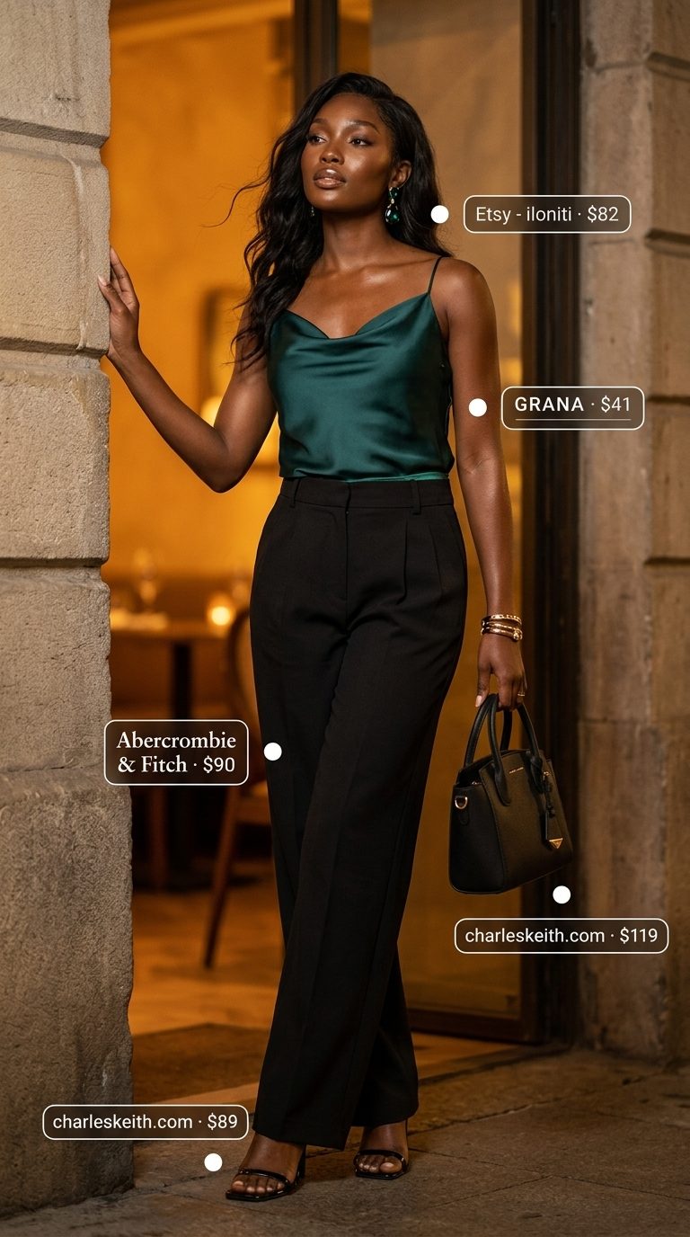Cute summer sleeveless tops 2026: Emerald green silk camisole with black wide-leg pants for date night.