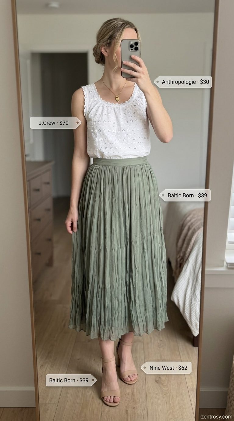 Cute summer sleeveless tops 2026: White eyelet top with sage green midi skirt for garden party.