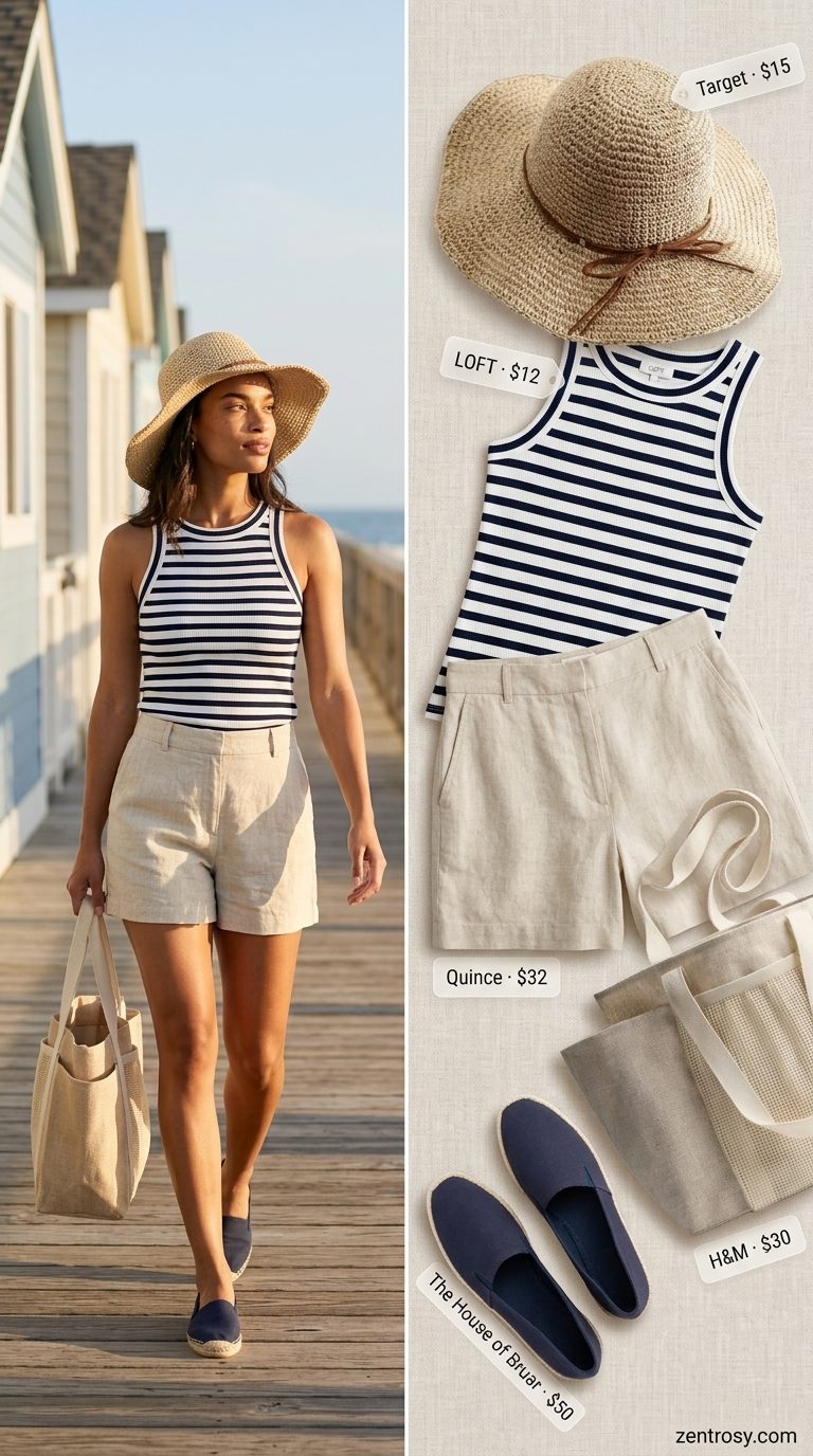 Cute summer sleeveless tops 2026: Navy stripe tank with white linen shorts for a coastal morning.