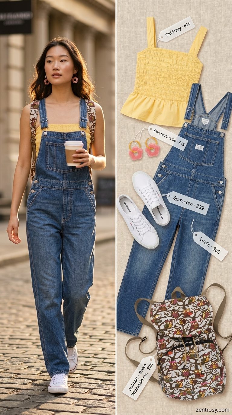 Cute summer sleeveless tops 2026: Lemon yellow smocked crop top with denim overalls for park day.