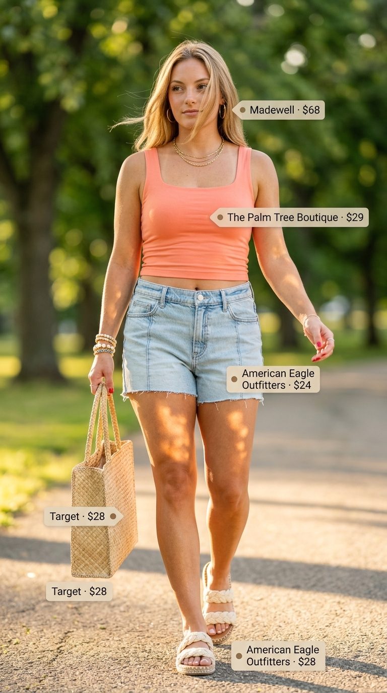 Playful park picnic outfit featuring a terracotta smocked crop top, denim shorts, and straw basket bag. Cute summer sleeveless tops 2026.