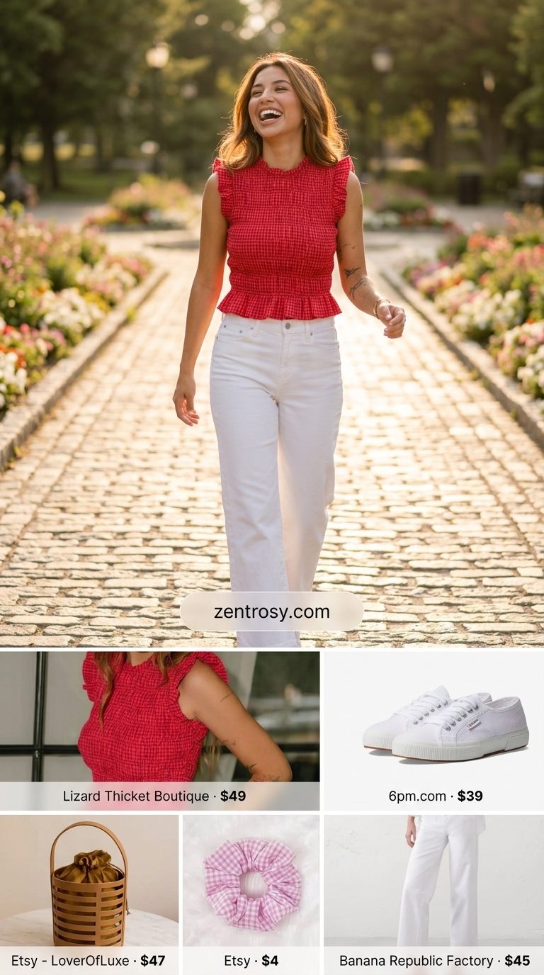 Cute summer sleeveless tops 2026: Pink gingham ruffle tank with white jeans for a park picnic.