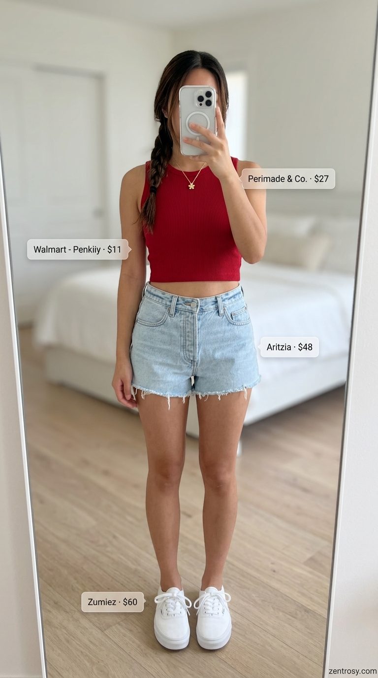 Cute summer sleeveless tops 2026: Red fitted crop top with denim shorts for a sunny picnic.