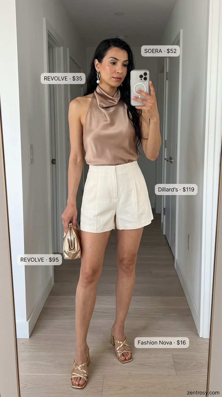 Cute summer sleeveless tops 2026: Champagne satin halter top with cream tailored shorts for resort dinner.