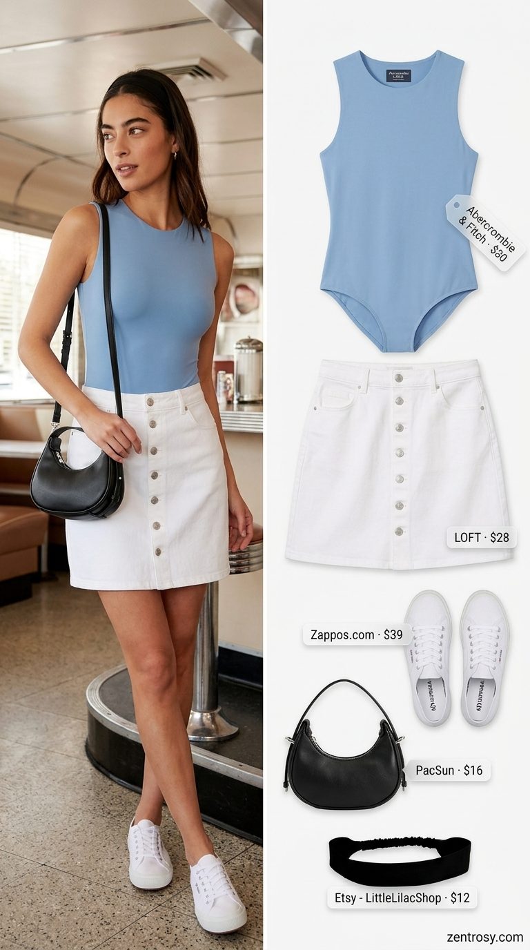 Retro diner darling outfit with a sky blue bodysuit, denim mini skirt, and white sneakers. Cute summer sleeveless tops 2026.